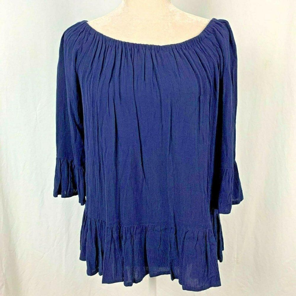 Beach Lunch Lounge Off the Shoulder Peasant Top S Blue Peplum Ruffle Bell Cuff